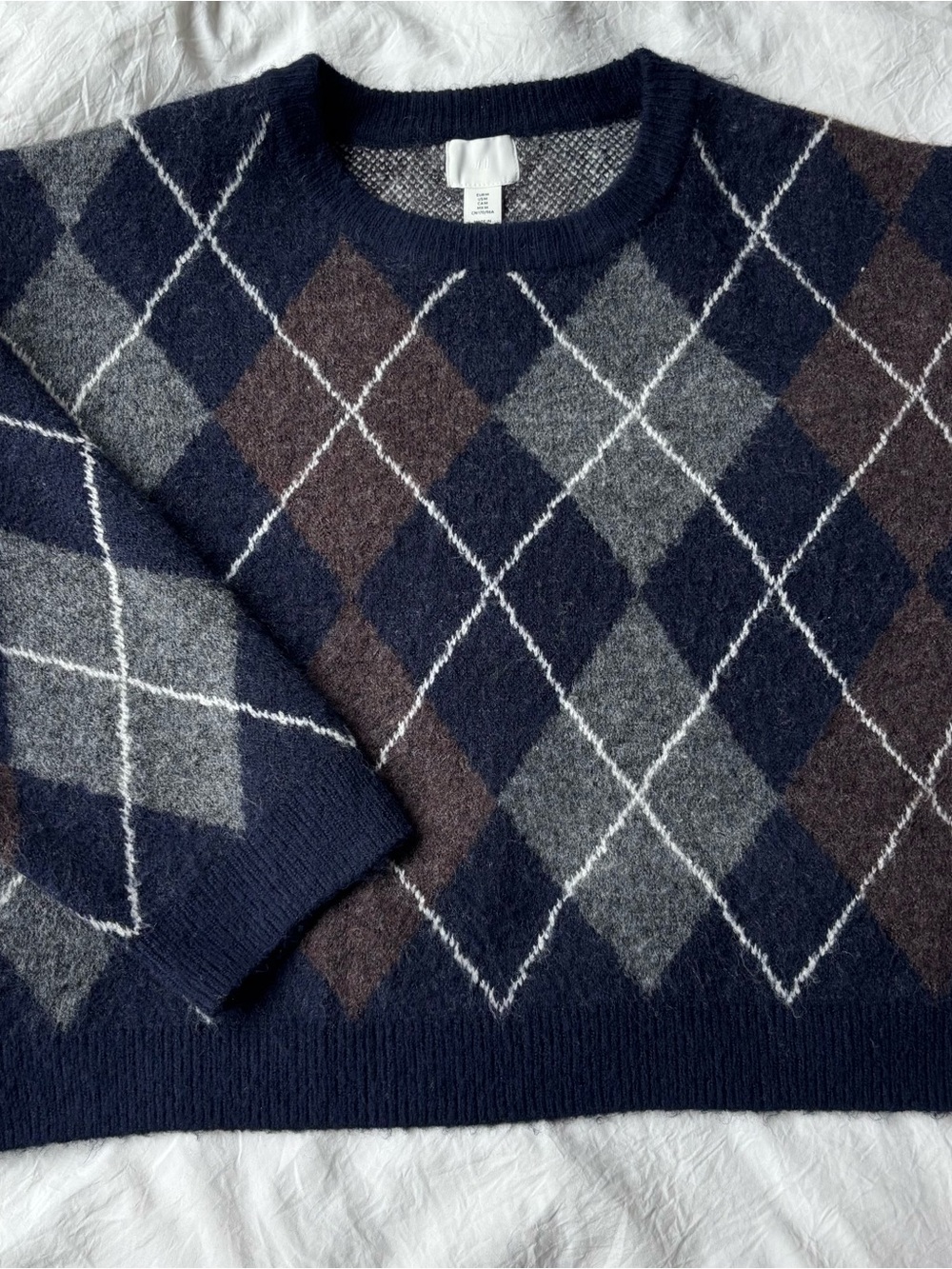 H&M Navy Argyle Crewneck Sweater with Gray and Brown Diamonds